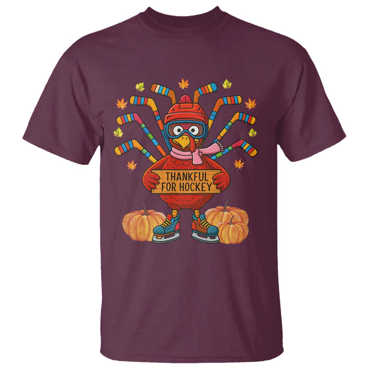 Funny Turkey Ice Hockey Gift T Shirt Thankful For Hockey TS12 Maroon Print Your Wear