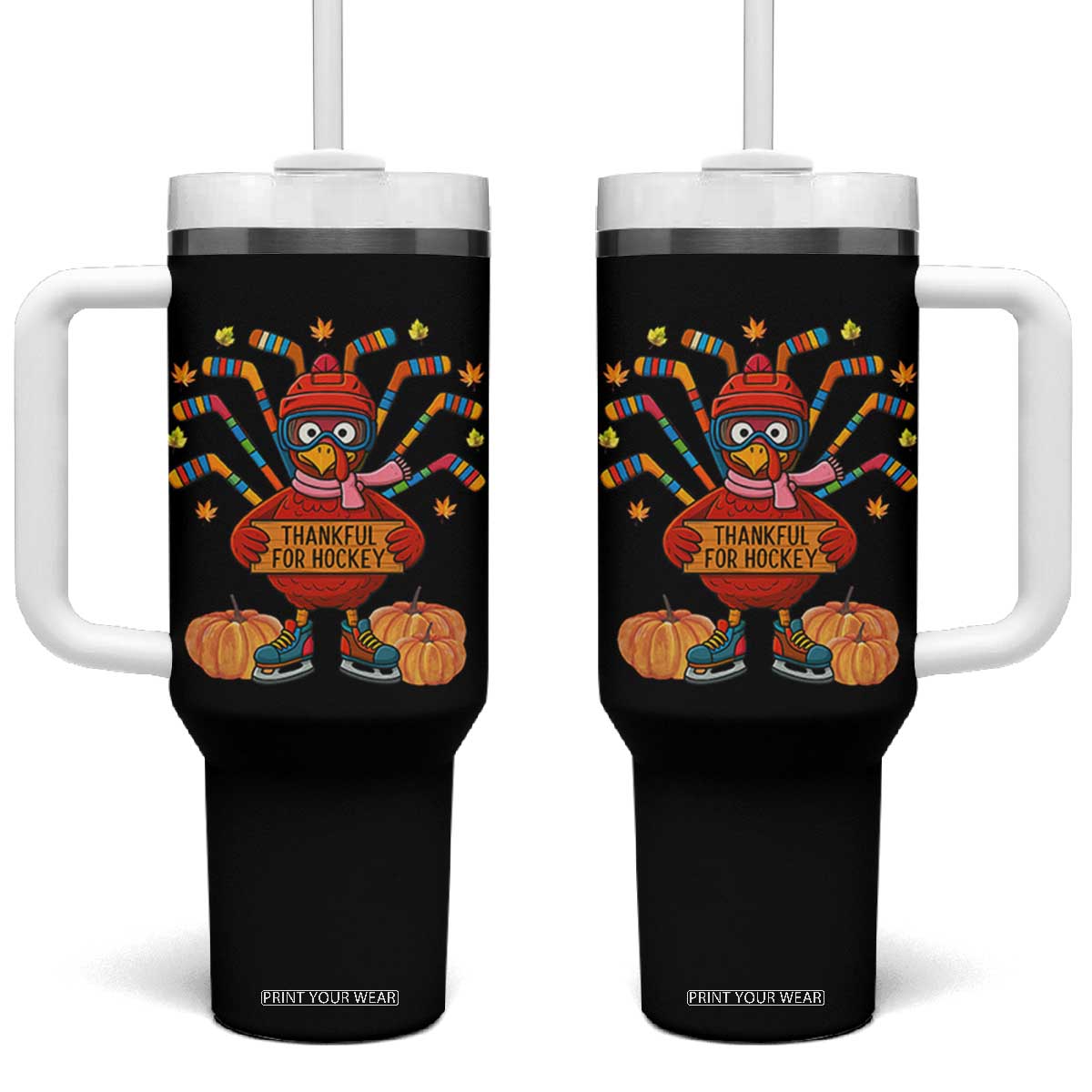Funny Turkey Ice Hockey Gift Tumbler With Handle Thankful For Hockey TS12 One Size: 40 oz Black Print Your Wear