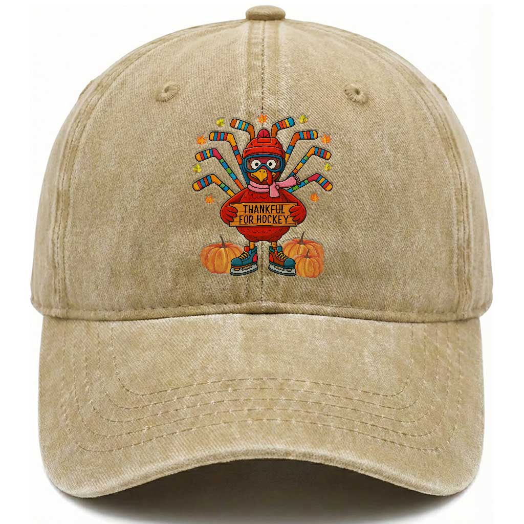 Funny Turkey Ice Hockey Gift Washed Cotton Baseball Cap Thankful For Hockey TS12 Print Your Wear