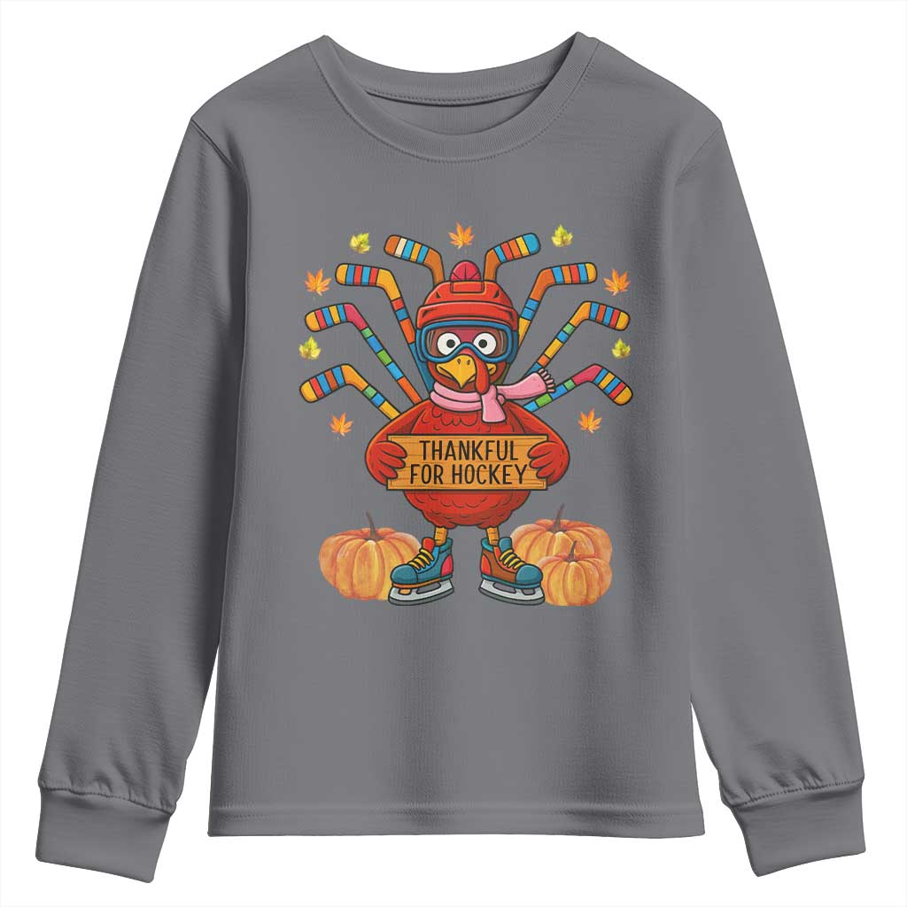 Funny Turkey Ice Hockey Gift Youth Sweatshirt Thankful For Hockey TS12 Charcoal Print Your Wear