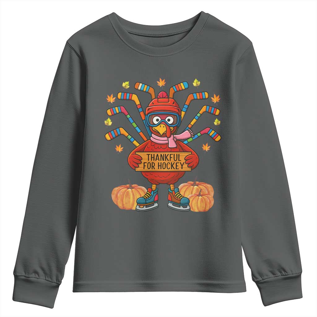 Funny Turkey Ice Hockey Gift Youth Sweatshirt Thankful For Hockey TS12 Dark Heather Print Your Wear