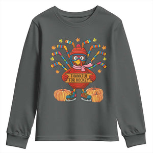 Funny Turkey Ice Hockey Gift Youth Sweatshirt Thankful For Hockey TS12 Dark Heather Print Your Wear