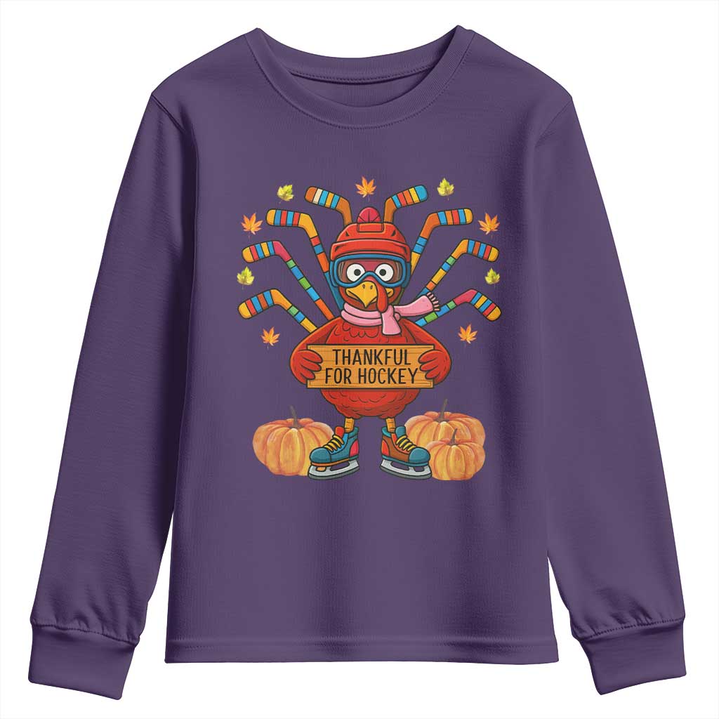 Funny Turkey Ice Hockey Gift Youth Sweatshirt Thankful For Hockey TS12 Purple Print Your Wear