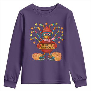 Funny Turkey Ice Hockey Gift Youth Sweatshirt Thankful For Hockey TS12 Purple Print Your Wear