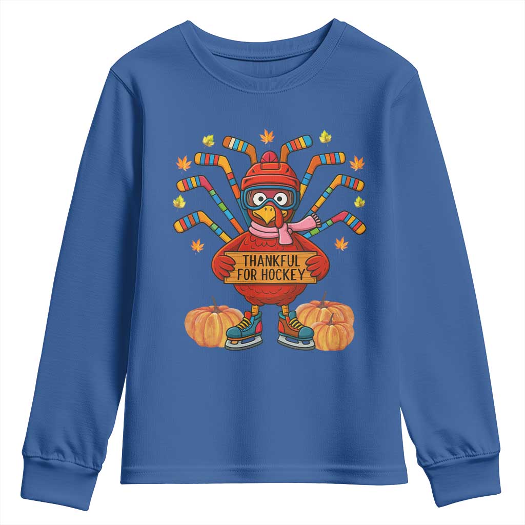 Funny Turkey Ice Hockey Gift Youth Sweatshirt Thankful For Hockey TS12 Royal Blue Print Your Wear