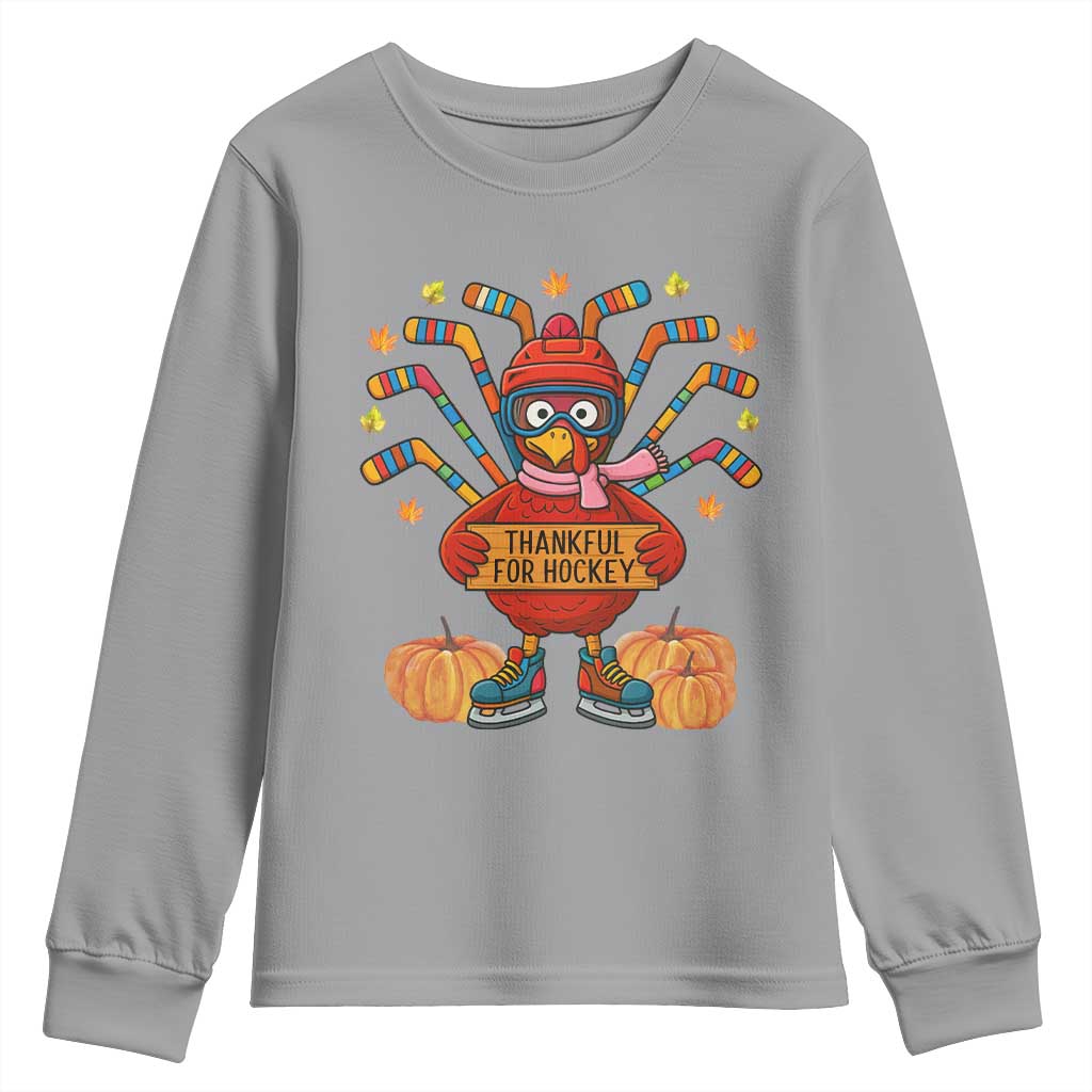Funny Turkey Ice Hockey Gift Youth Sweatshirt Thankful For Hockey TS12 Sport Gray Print Your Wear