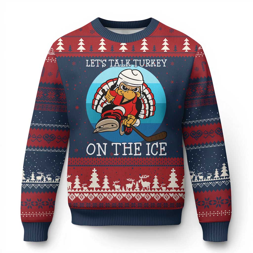 Lets Talk Turkey On The Ice Ugly Christmas Sweater Retro Ocean Blue Ice Hockey Gift TS12 Navy Red Print Your Wear