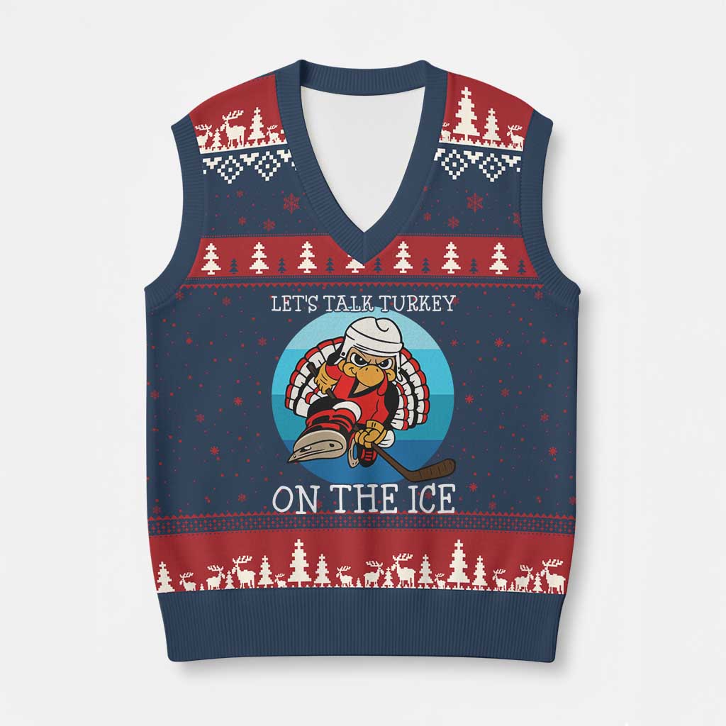Lets Talk Turkey On The Ice V-Neck Knit Sweater Vest Retro Ocean Blue Ice Hockey Gift TS12 Navy Red Print Your Wear