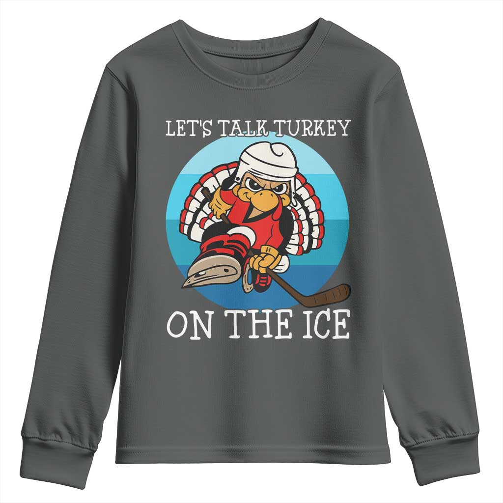 Lets Talk Turkey On The Ice Youth Sweatshirt Retro Ocean Blue Ice Hockey Gift TS12 Dark Heather Print Your Wear