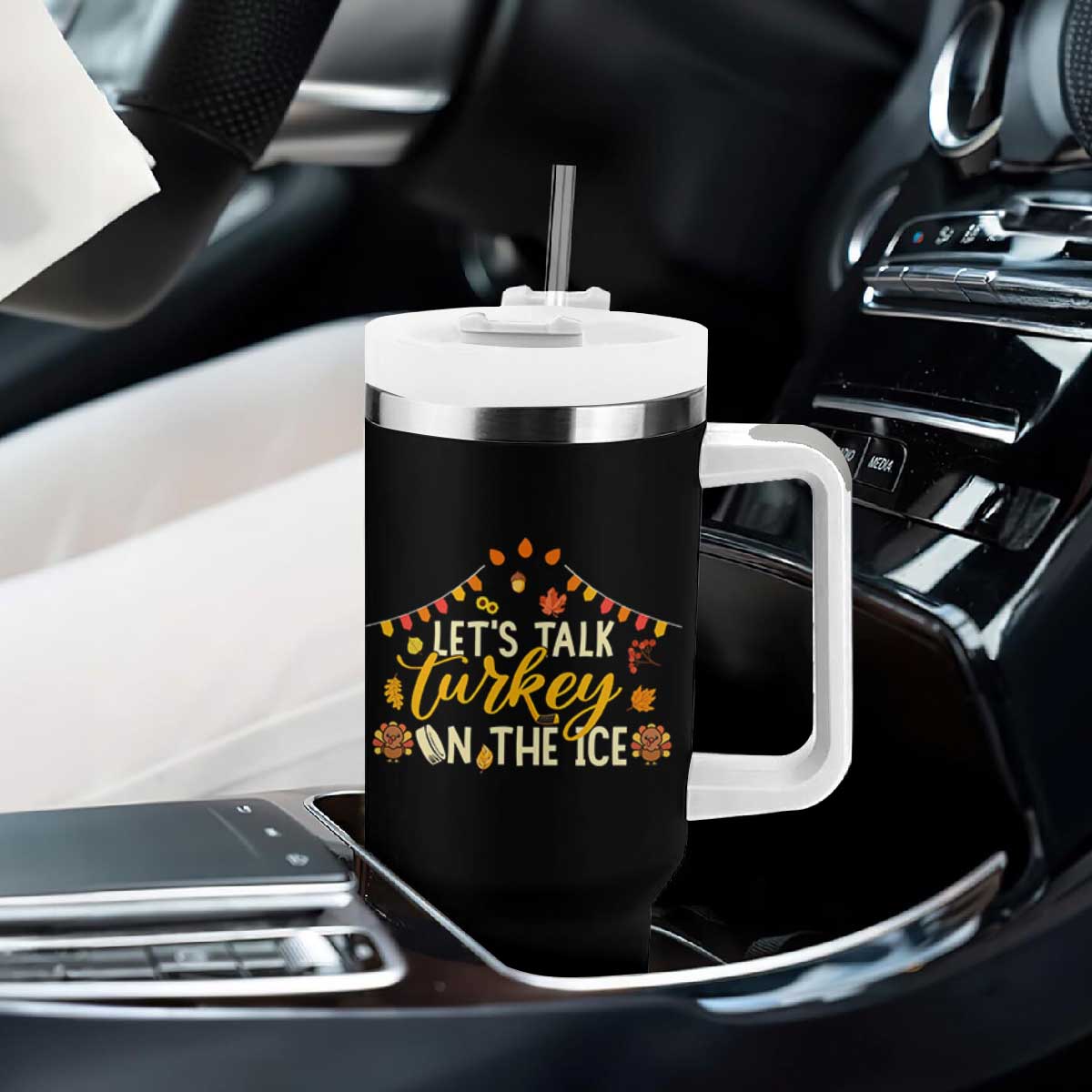 Funny Thanksgiving Ice Hockey Gift Tumbler With Handle Lets Talk Turkey On The Ice TS12 Print Your Wear