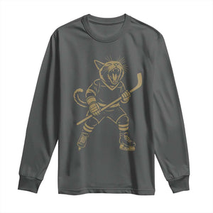 Vintage Cat Playing Hockey Long Sleeve Shirt Kitten Lover Player Gift TS12 Dark Heather Print Your Wear