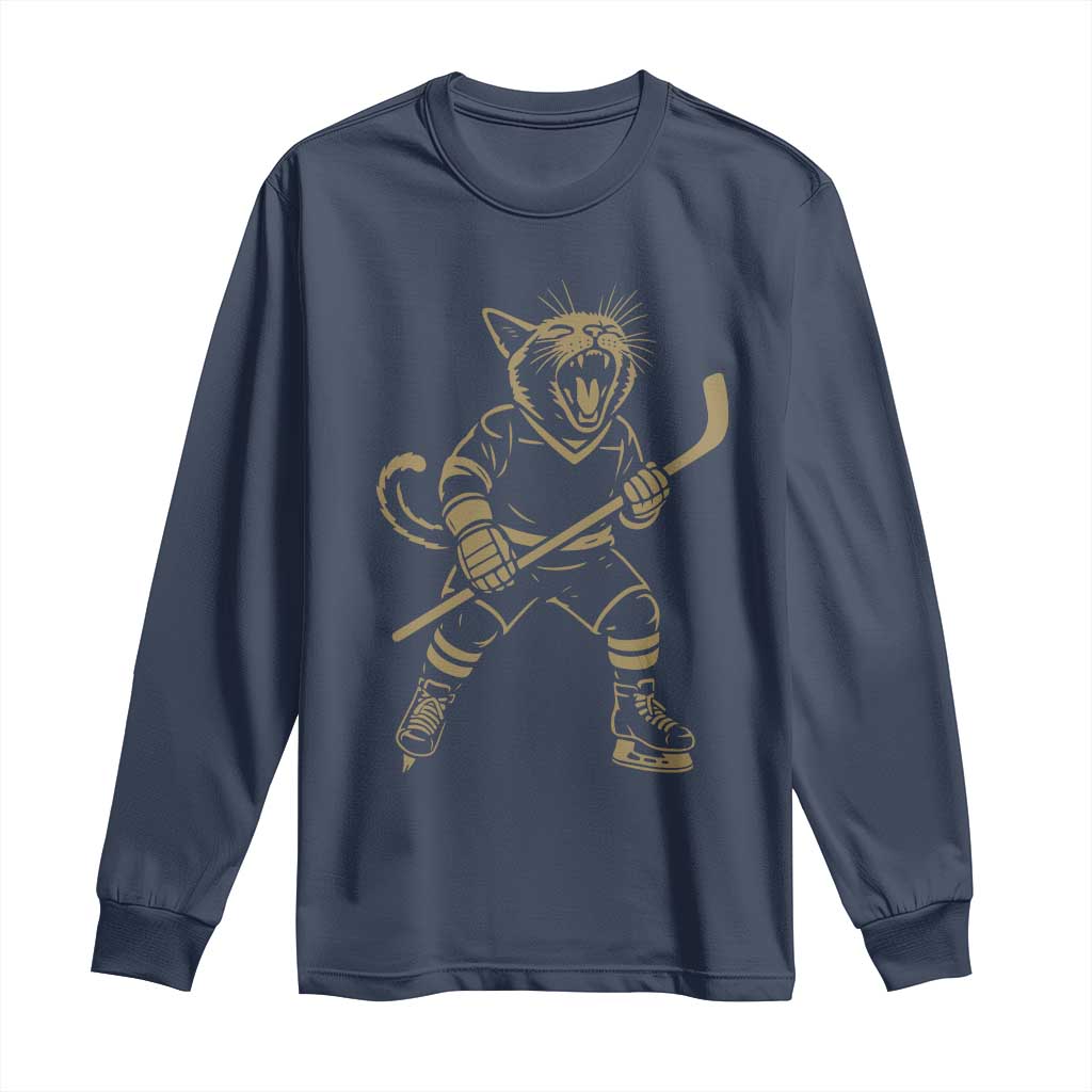 Vintage Cat Playing Hockey Long Sleeve Shirt Kitten Lover Player Gift TS12 Navy Print Your Wear