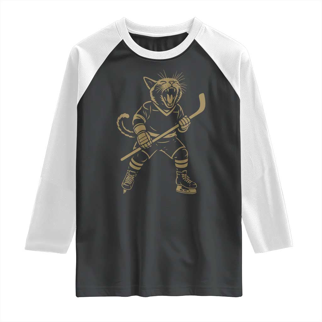 Vintage Cat Playing Hockey Raglan Shirt Kitten Lover Player Gift TS12 Black White Print Your Wear