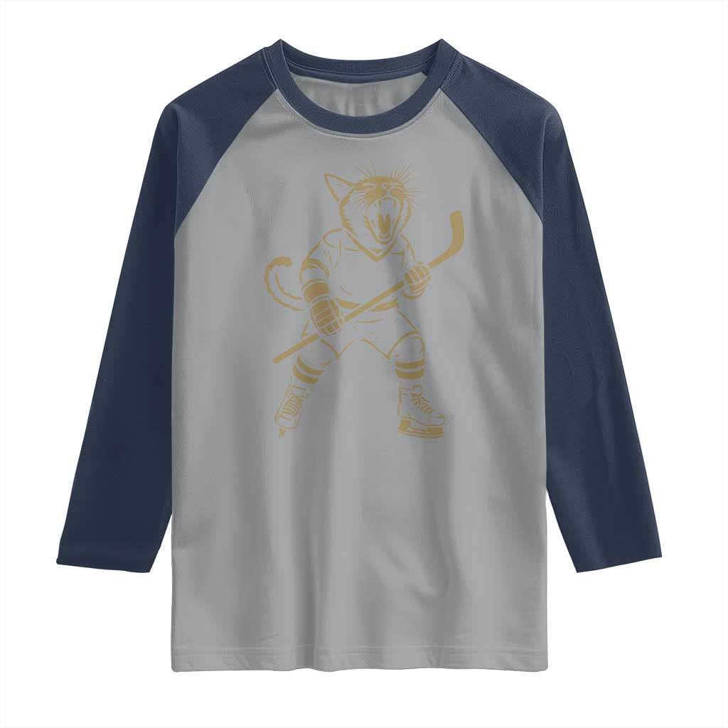 Vintage Cat Playing Hockey Raglan Shirt Kitten Lover Player Gift TS12 Sport Gray Navy Print Your Wear