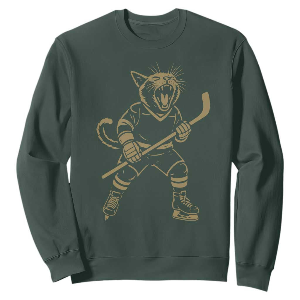 Vintage Cat Playing Hockey Sweatshirt Kitten Lover Player Gift TS12 Dark Forest Green Print Your Wear