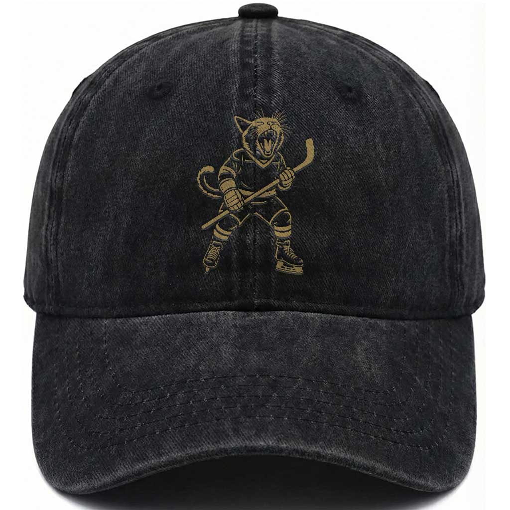 Vintage Cat Playing Hockey Washed Cotton Baseball Cap Kitten Lover Player Gift TS12 Print Your Wear