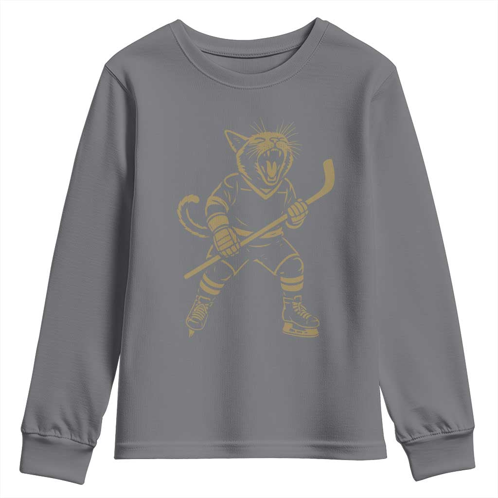 Vintage Cat Playing Hockey Youth Sweatshirt Kitten Lover Player Gift TS12 Charcoal Print Your Wear