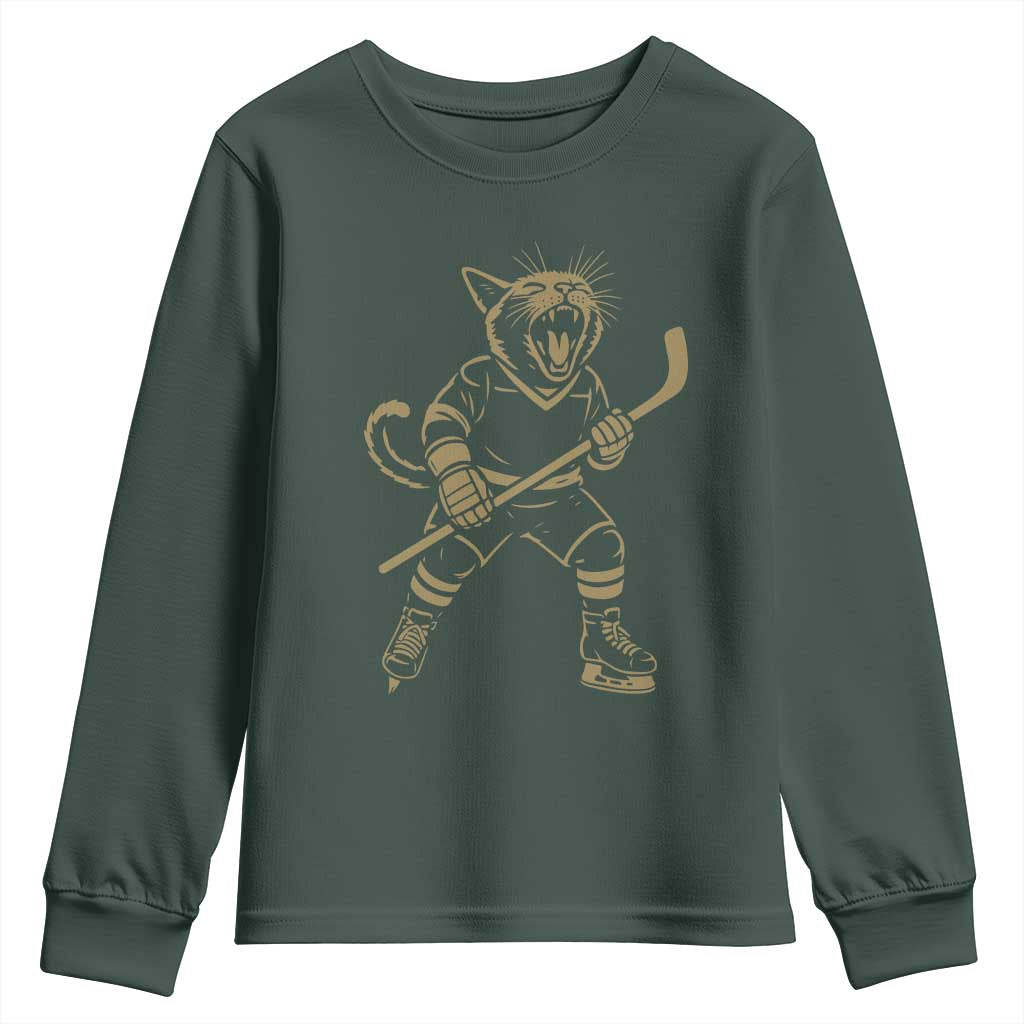 Vintage Cat Playing Hockey Youth Sweatshirt Kitten Lover Player Gift TS12 Dark Forest Green Print Your Wear