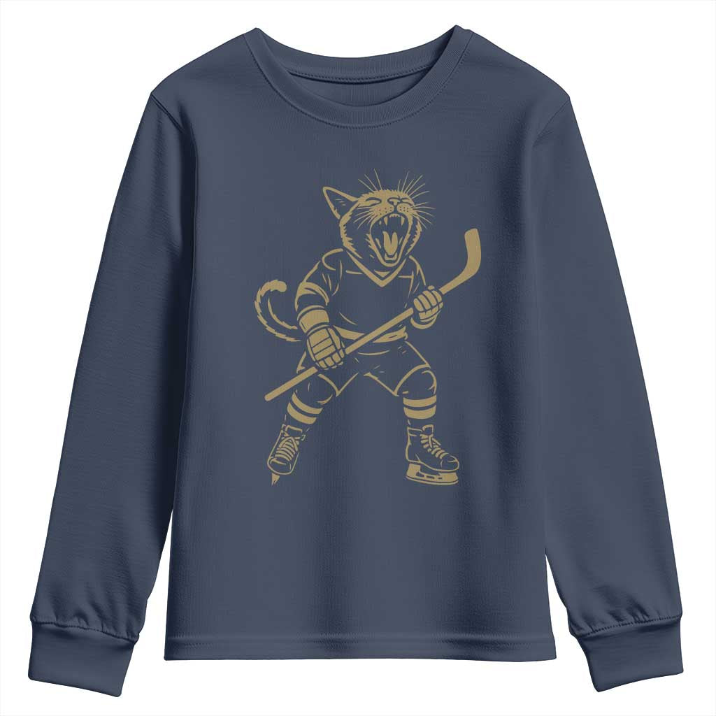 Vintage Cat Playing Hockey Youth Sweatshirt Kitten Lover Player Gift TS12 Navy Print Your Wear