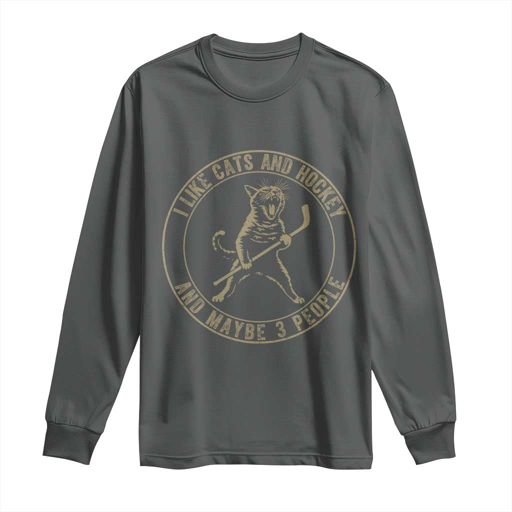 Vintage I Like Cats And Hockey And Maybe Three People Funny Gift Long Sleeve Shirt TS12 Dark Heather Print Your Wear