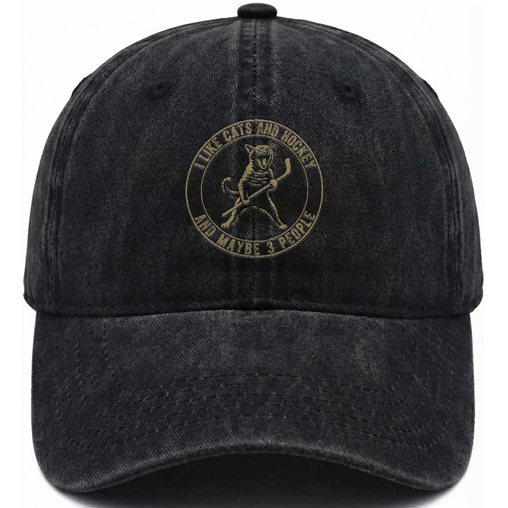 Vintage I Like Cats And Hockey And Maybe Three People Funny Gift Washed Cotton Baseball Cap TS12 Print Your Wear