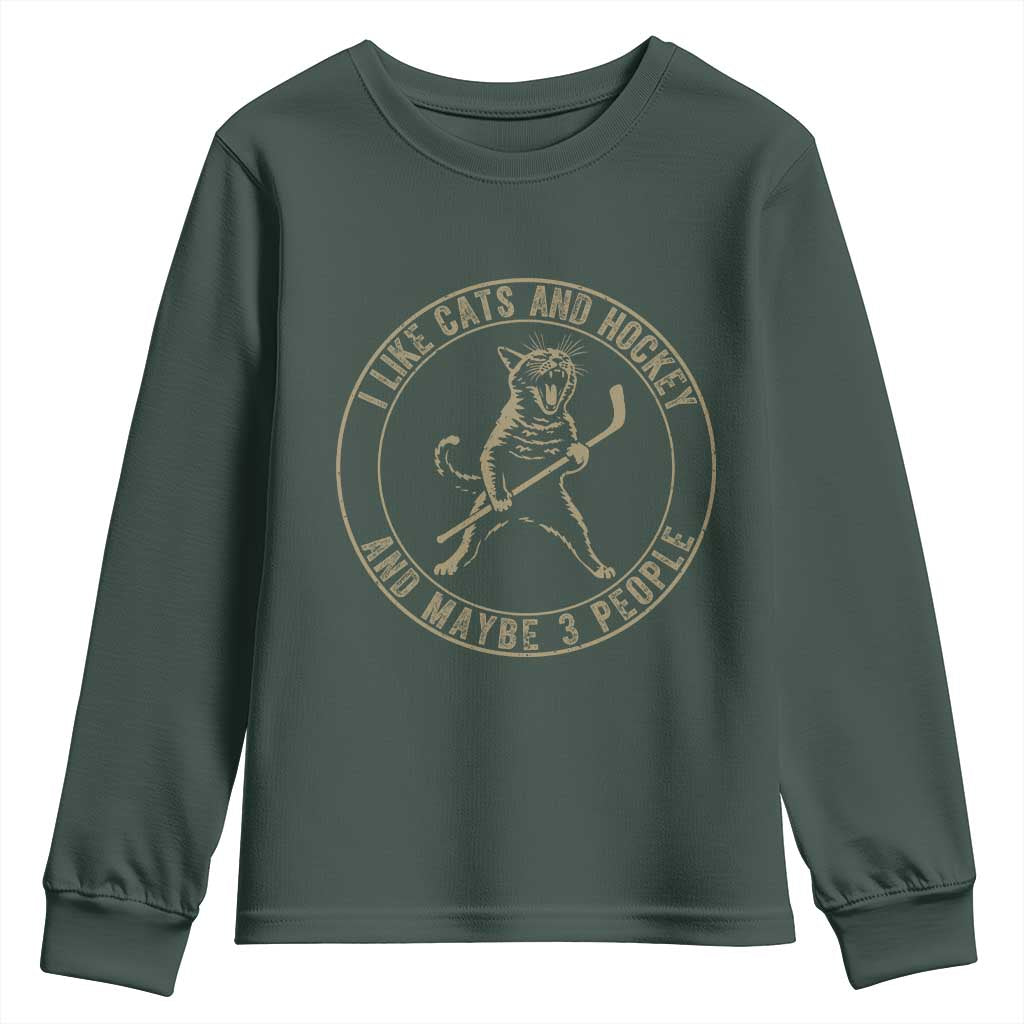 Vintage I Like Cats And Hockey And Maybe Three People Funny Gift Youth Sweatshirt TS12 Dark Forest Green Print Your Wear