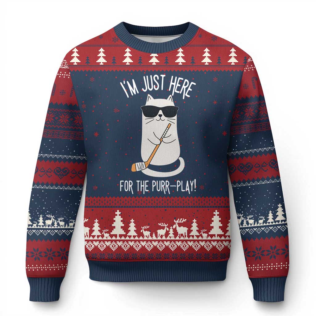 Im Just Here For The Purr Play Ugly Christmas Sweater Funny Cat Hockey Gift TS12 Navy Red Print Your Wear