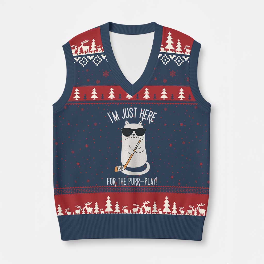 Im Just Here For The Purr Play V-Neck Knit Sweater Vest Funny Cat Hockey Gift TS12 Navy Red Print Your Wear
