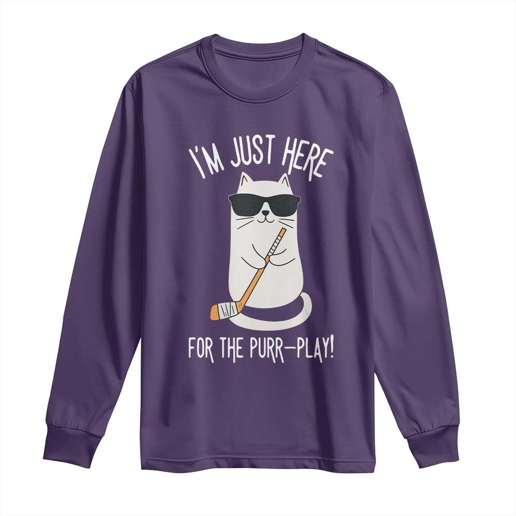Im Just Here For The Purr Play Long Sleeve Shirt Funny Cat Hockey Gift TS12 Purple Print Your Wear