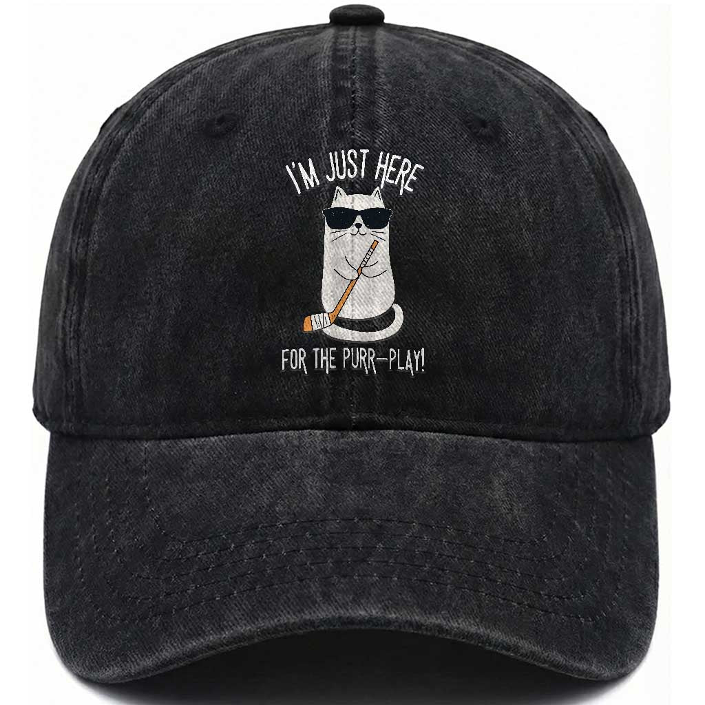 Im Just Here For The Purr Play Washed Cotton Baseball Cap Funny Cat Hockey Gift TS12 Print Your Wear