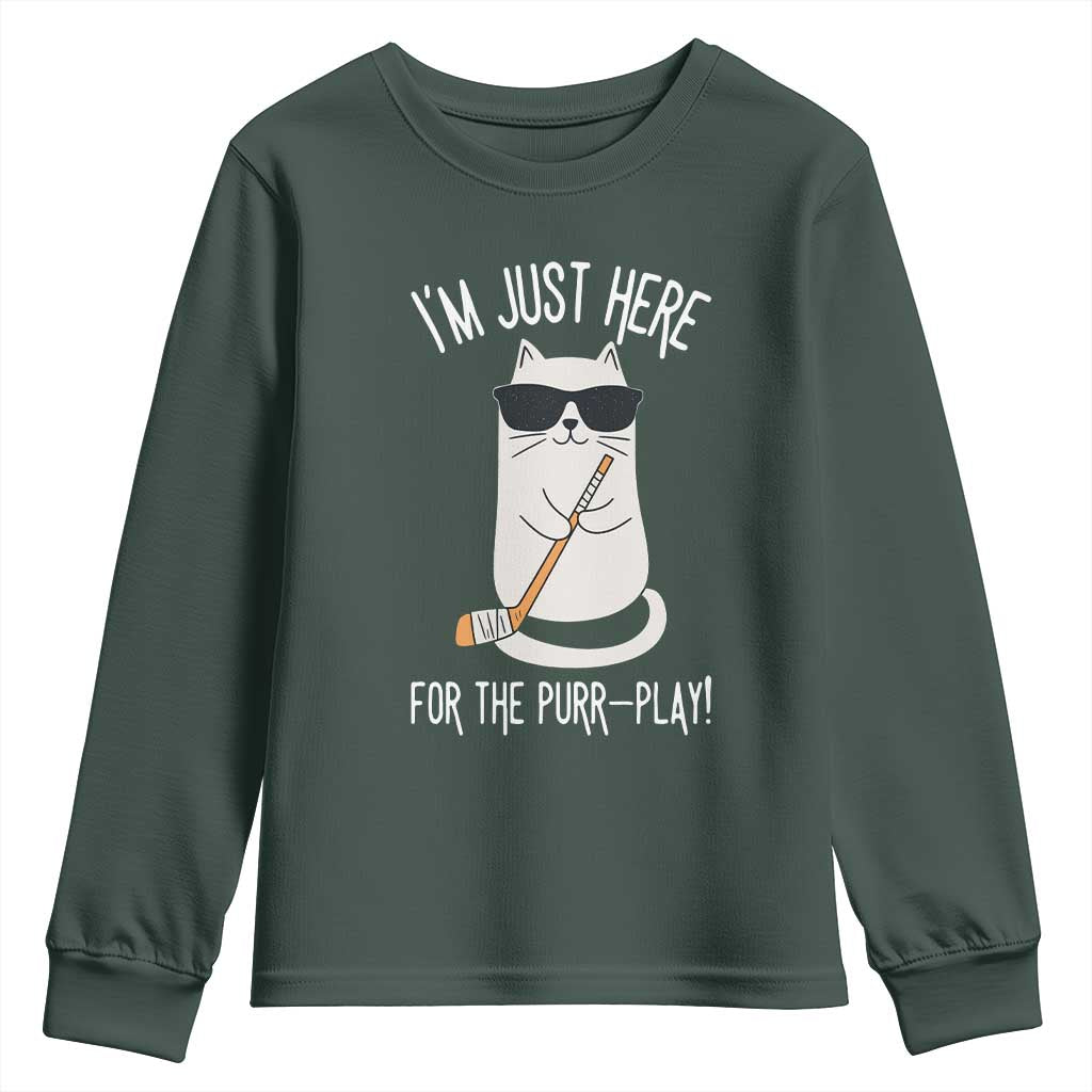 Im Just Here For The Purr Play Youth Sweatshirt Funny Cat Hockey Gift TS12 Dark Forest Green Print Your Wear