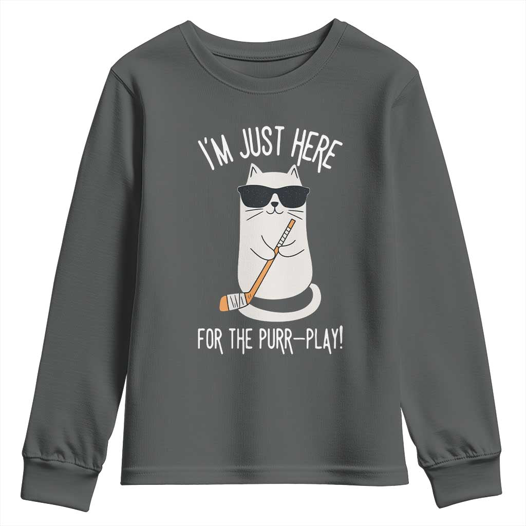 Im Just Here For The Purr Play Youth Sweatshirt Funny Cat Hockey Gift TS12 Dark Heather Print Your Wear