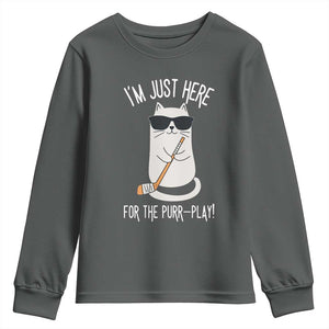 Im Just Here For The Purr Play Youth Sweatshirt Funny Cat Hockey Gift TS12 Dark Heather Print Your Wear