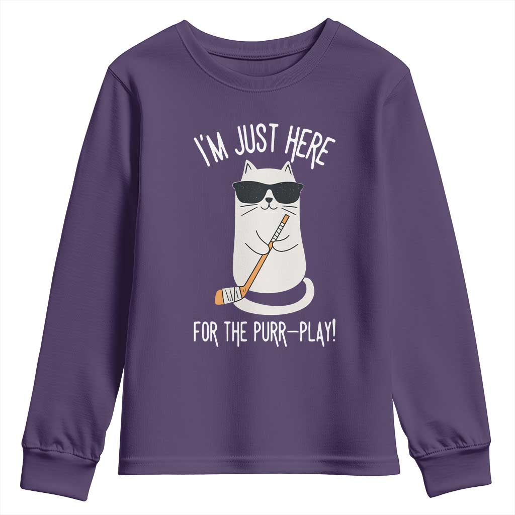 Im Just Here For The Purr Play Youth Sweatshirt Funny Cat Hockey Gift TS12 Purple Print Your Wear