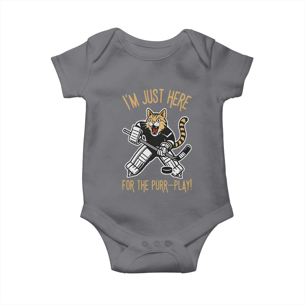Vintage Cat Hockey Goalie Baby Onesie Funny Im Just Here For The Purr Play Gift TS12 Charcoal Print Your Wear