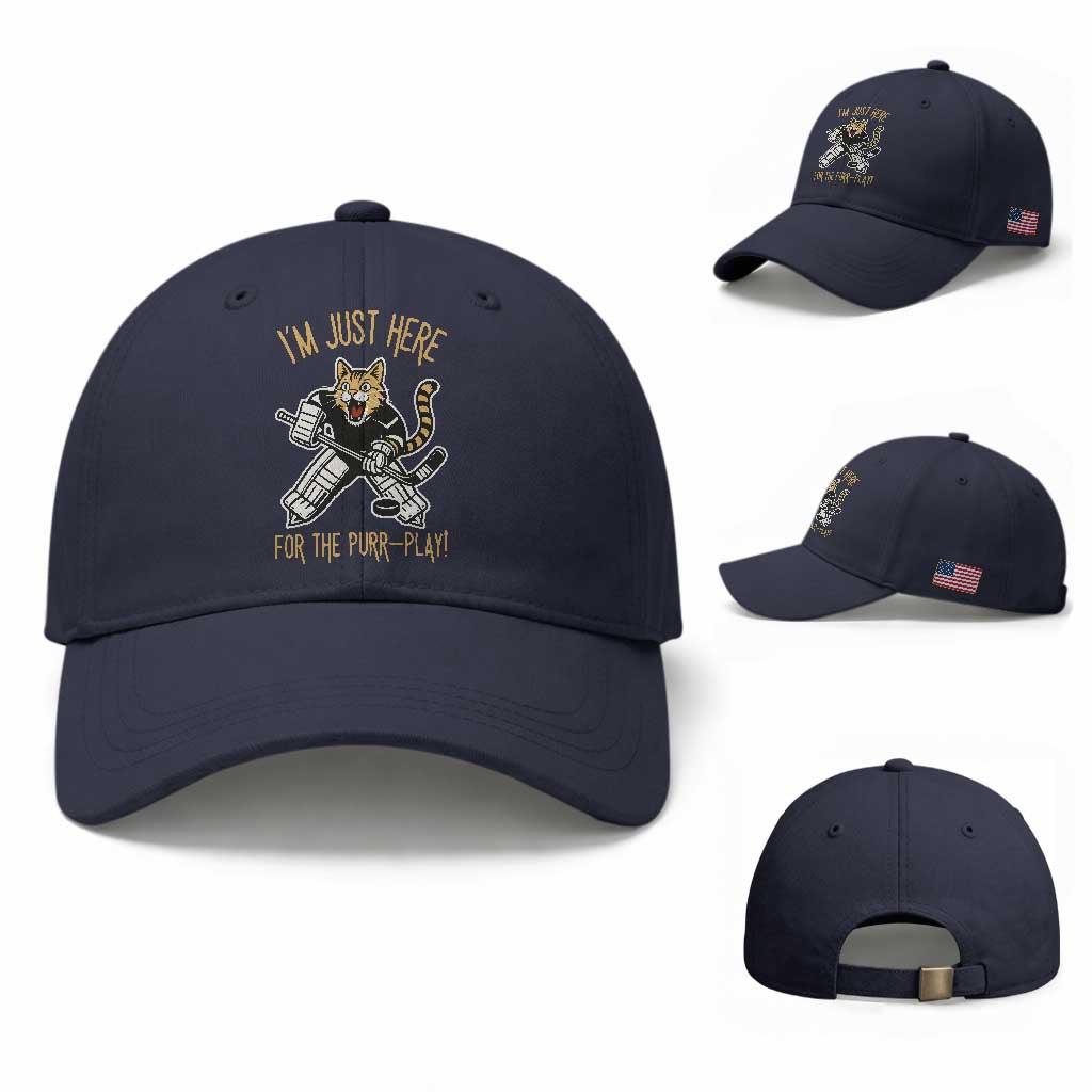 Vintage Cat Hockey Goalie Baseball Cap Funny Im Just Here For The Purr Play Gift TS12 Baseball Cap Universal Fit Navy Print Your Wear