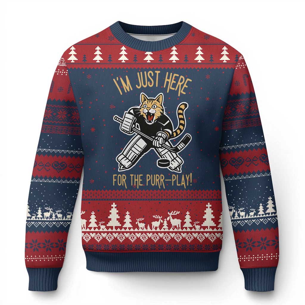 Vintage Cat Hockey Goalie Ugly Christmas Sweater Funny Im Just Here For The Purr Play Gift TS12 Navy Red Print Your Wear