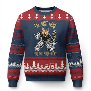 Vintage Cat Hockey Goalie Ugly Christmas Sweater Funny Im Just Here For The Purr Play Gift TS12 Navy Red Print Your Wear