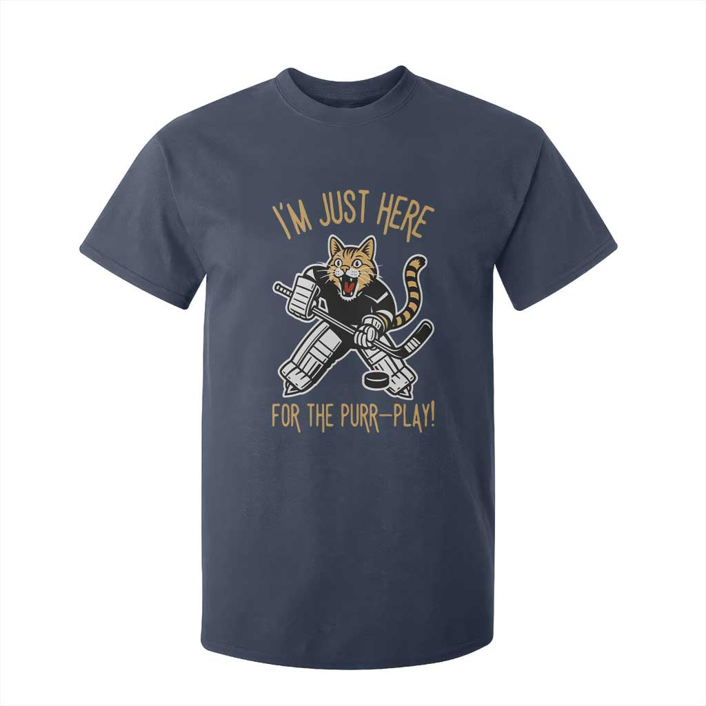 Vintage Cat Hockey Goalie T Shirt For Kid Funny Im Just Here For The Purr Play Gift TS12 Navy Print Your Wear