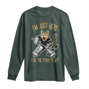 Vintage Cat Hockey Goalie Long Sleeve Shirt Funny Im Just Here For The Purr Play Gift TS12 Dark Forest Green Print Your Wear