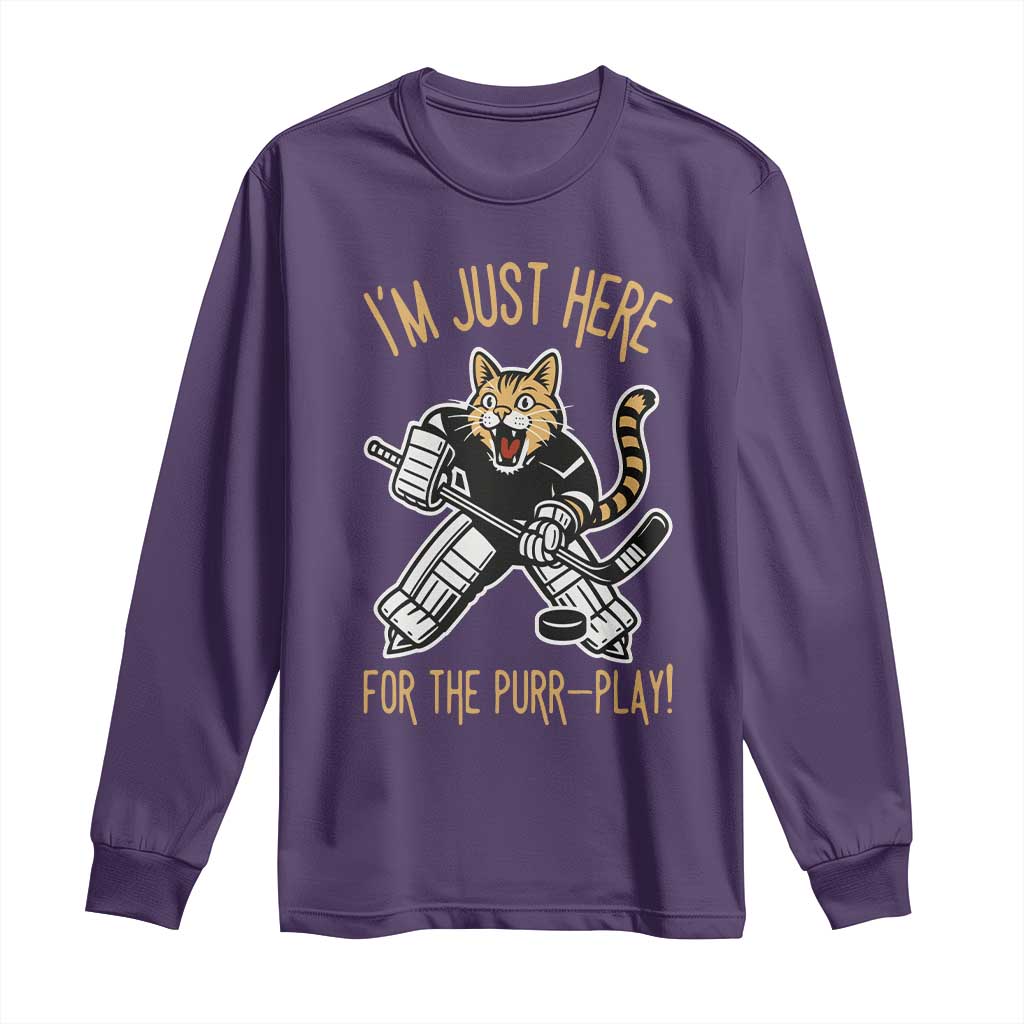 Vintage Cat Hockey Goalie Long Sleeve Shirt Funny Im Just Here For The Purr Play Gift TS12 Purple Print Your Wear