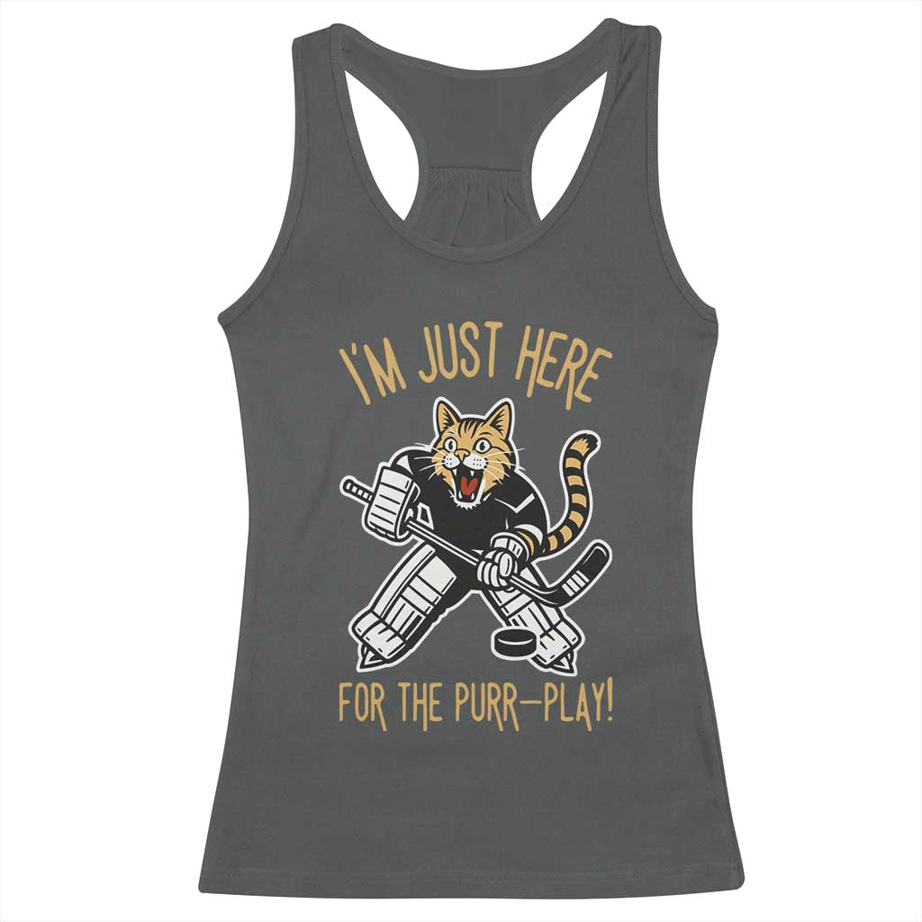 Vintage Cat Hockey Goalie Racerback Tank Top Funny Im Just Here For The Purr Play Gift TS12 Dark Heather Print Your Wear