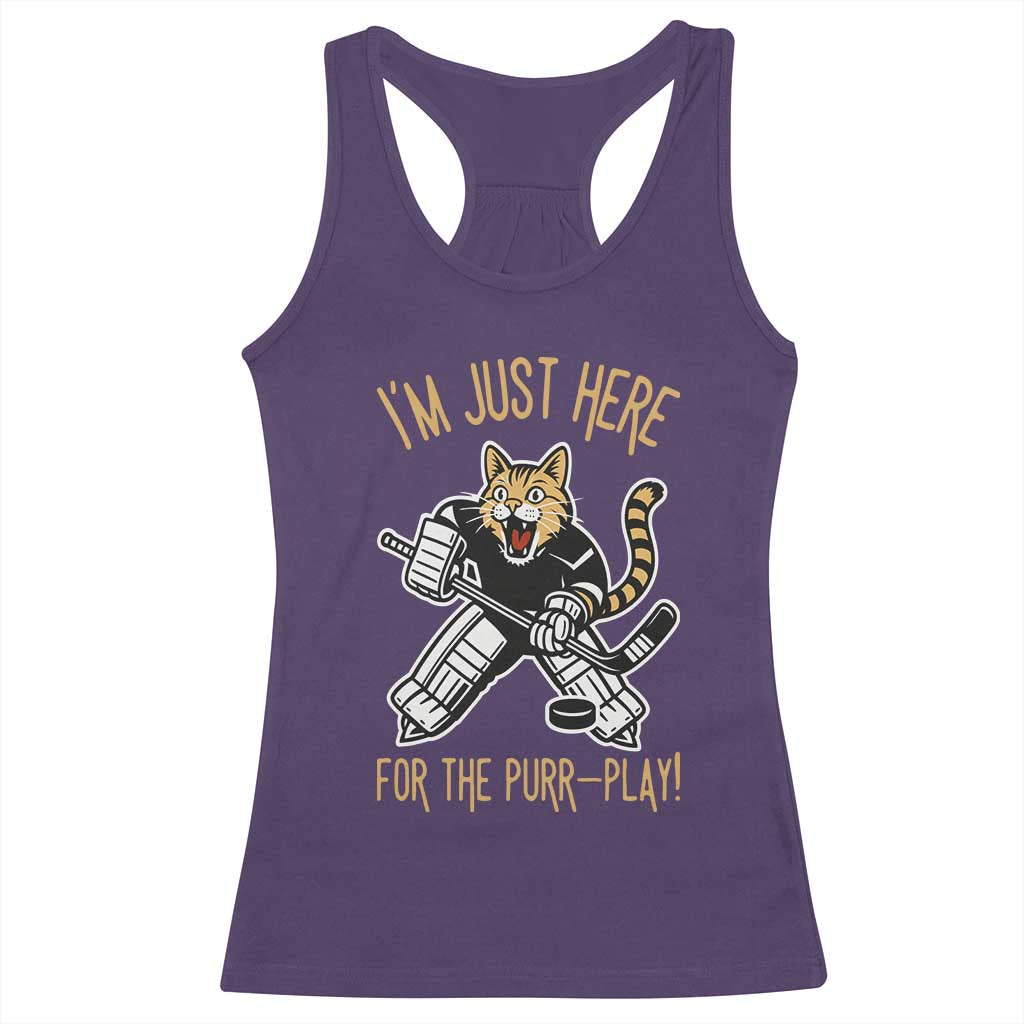 Vintage Cat Hockey Goalie Racerback Tank Top Funny Im Just Here For The Purr Play Gift TS12 Purple Print Your Wear