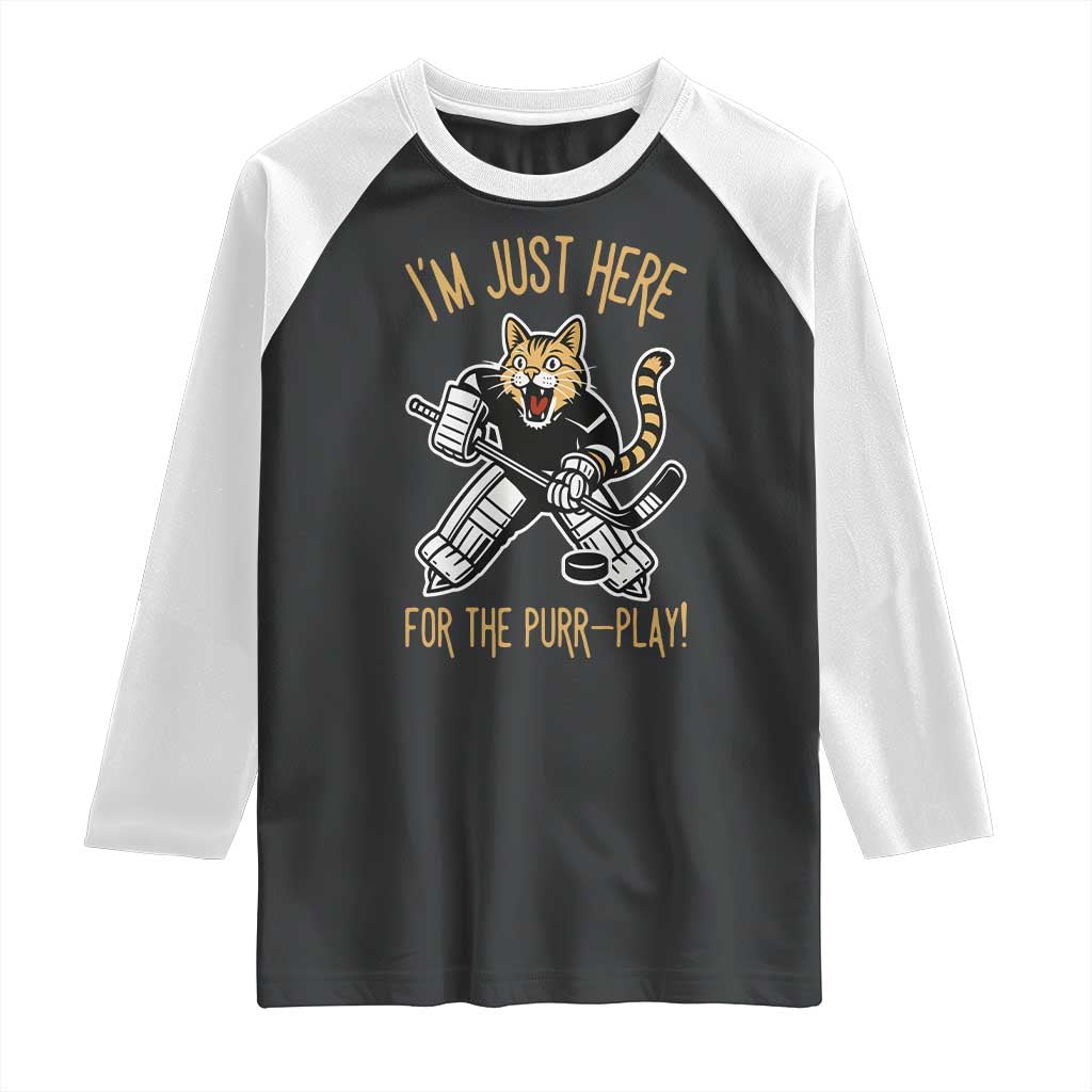 Vintage Cat Hockey Goalie Raglan Shirt Funny Im Just Here For The Purr Play Gift TS12 Black White Print Your Wear