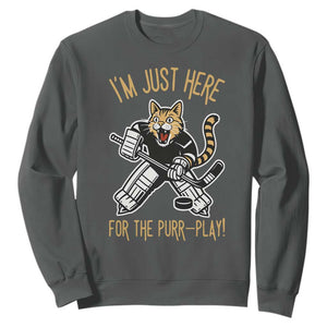 Vintage Cat Hockey Goalie Sweatshirt Funny Im Just Here For The Purr Play Gift TS12 Dark Heather Print Your Wear