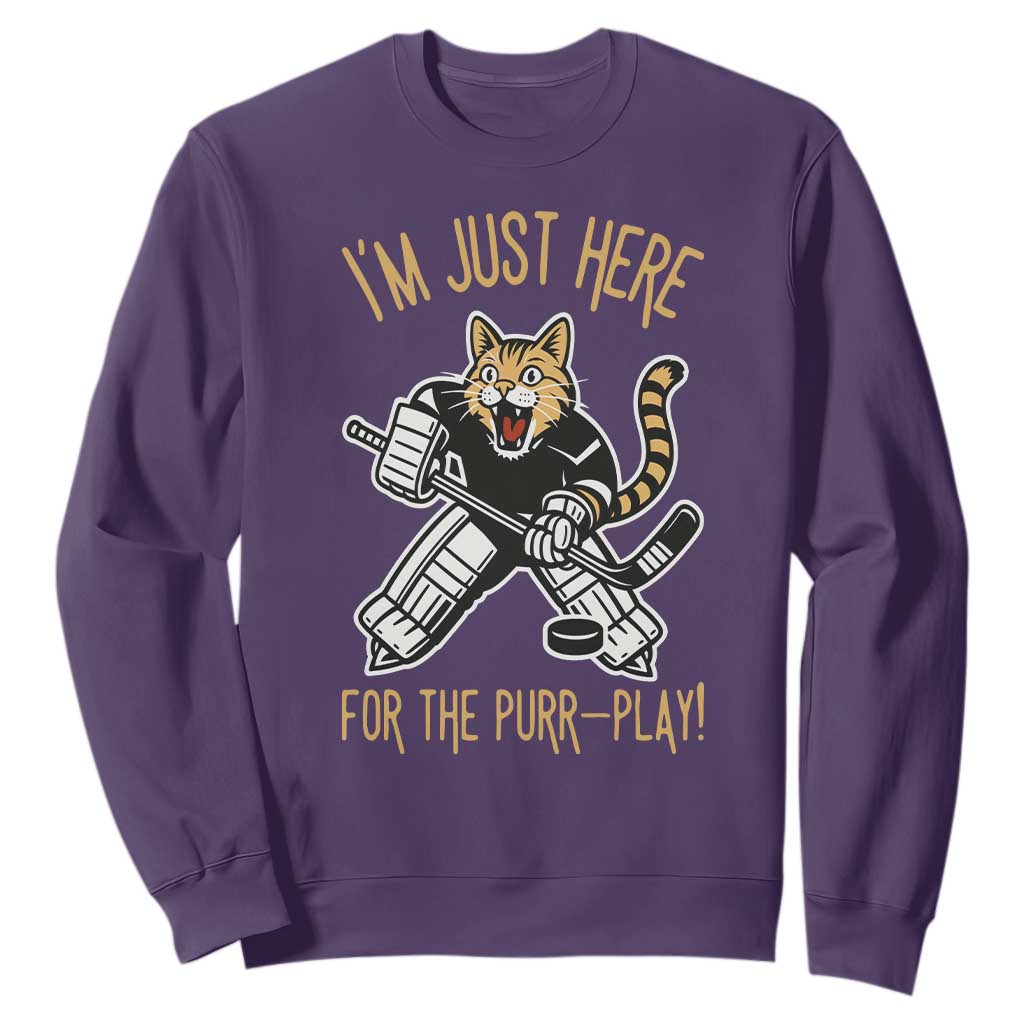 Vintage Cat Hockey Goalie Sweatshirt Funny Im Just Here For The Purr Play Gift TS12 Purple Print Your Wear
