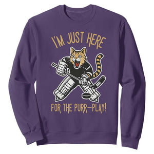 Vintage Cat Hockey Goalie Sweatshirt Funny Im Just Here For The Purr Play Gift TS12 Purple Print Your Wear