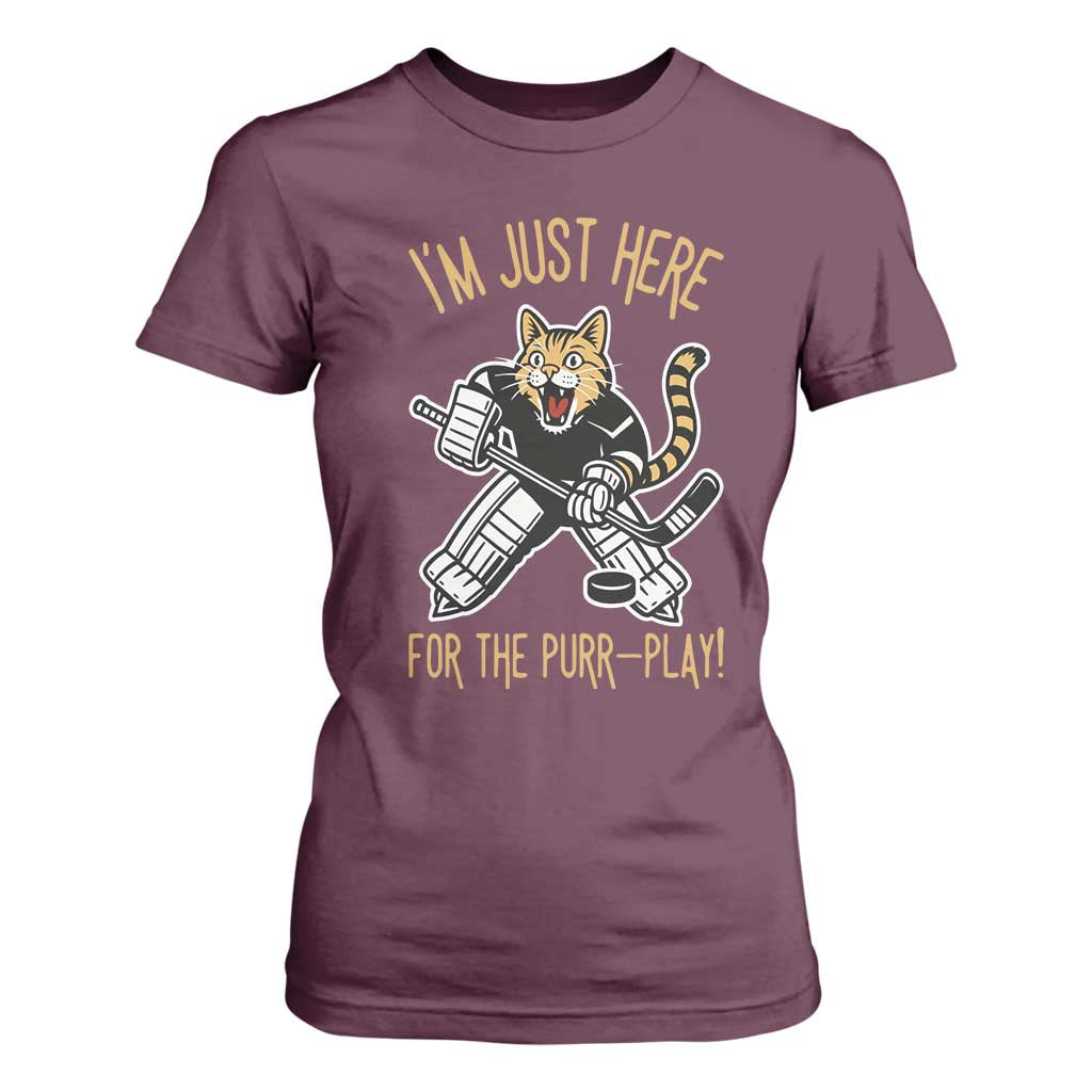 Vintage Cat Hockey Goalie T Shirt For Women Funny Im Just Here For The Purr Play Gift TS12 Maroon Print Your Wear