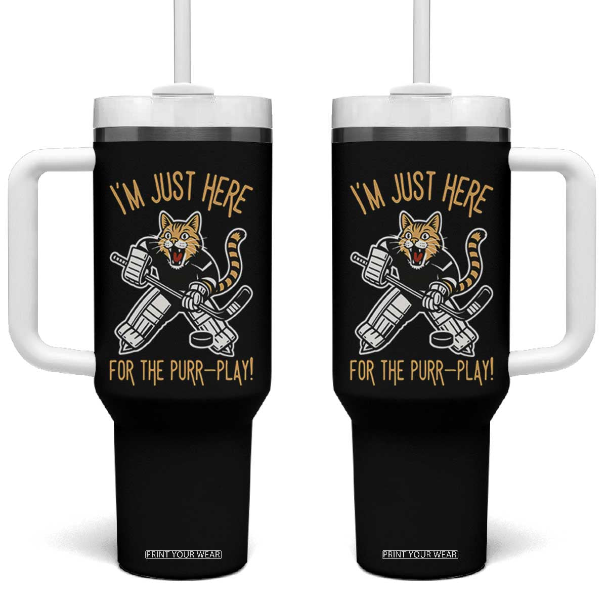 Vintage Cat Hockey Goalie Tumbler With Handle Funny Im Just Here For The Purr Play Gift TS12 One Size: 40 oz Black Print Your Wear