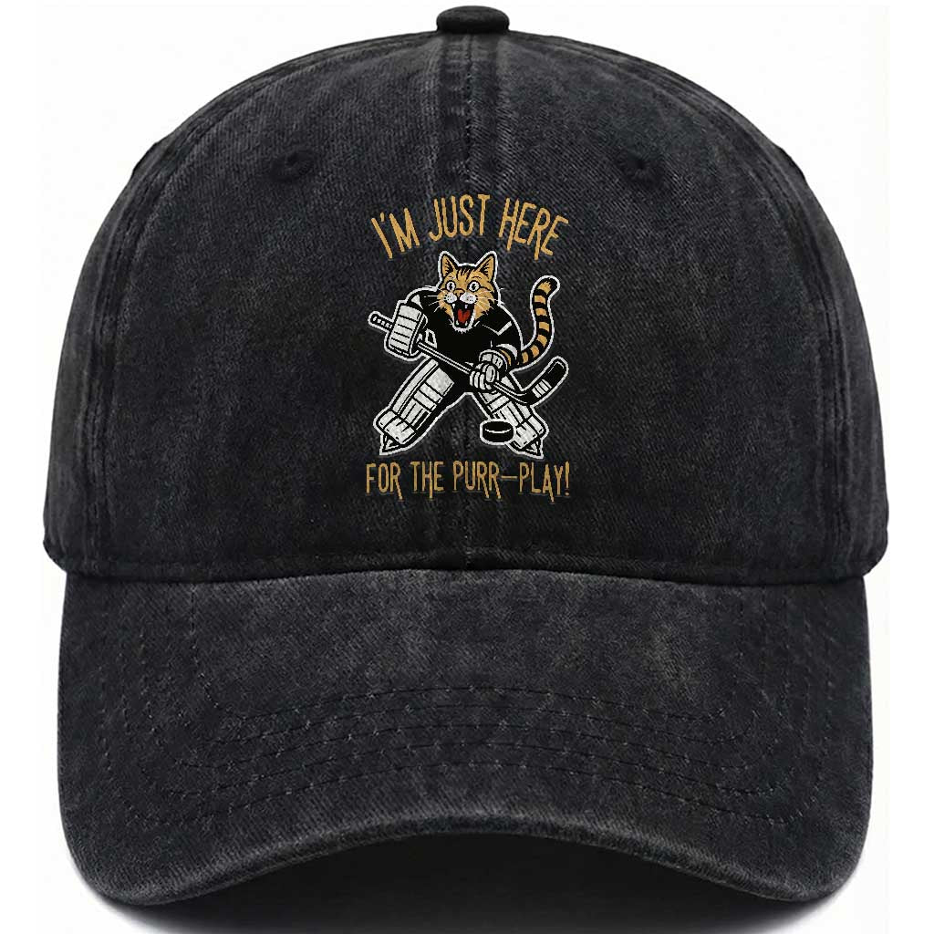Vintage Cat Hockey Goalie Washed Cotton Baseball Cap Funny Im Just Here For The Purr Play Gift TS12 Print Your Wear